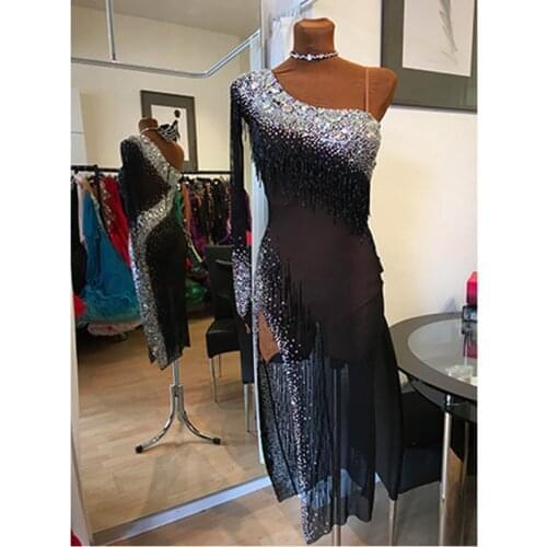 Latin Dance Dress Latin dress dancing costume Rumba Jive Chacha black latin wear sheer fabric bead fringe