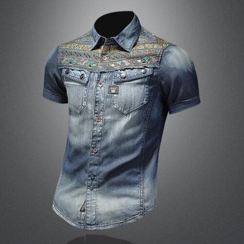 2021 New Summer High Quality Mens Embroidered Print Single-breasted Slim Retro Short-sleeved Mens Denim Shirts