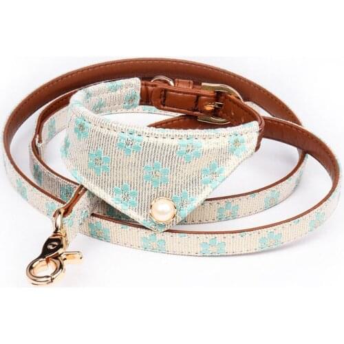 New Handmade PU Leather Dog Collar/Leash Floral Bandana Collar Pearl Necklace Outdoor Pet Walking Lead for Small Medium Dogs