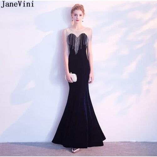 JaneVini Luxury Navy Blue Mermaid Mother of The Bride Dresses Scoop Neck Beading Illusion Back Velvet Evening Gowns Floor Length