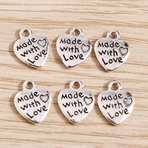 50pcs 10*12mm Heart Charms for Jewelry Making Alloy Engraving Letters Made with Love Charms for Necklaces Earrings Accessories