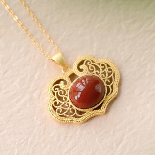 Natural South Red Agate Ruyi Pendant Womens S925 Sterling Silver Retro Fashion Minimalism Chinese Style Famous Antique Necklace