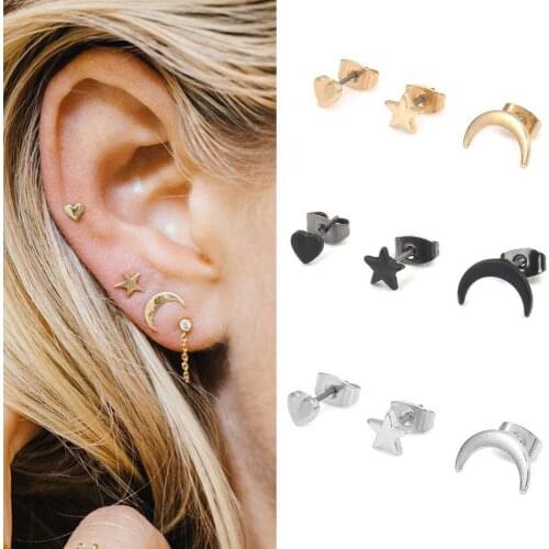 Simple Star Moon Peach Love Heart-Shaped Punk Personality Fashion Earrings 3 Pairs Ladies Set Earrings