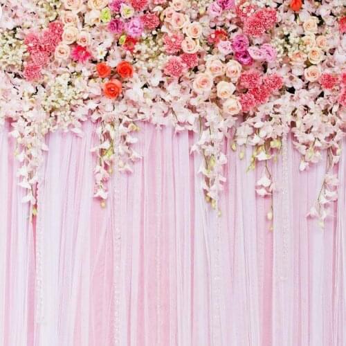 Pink Flowers Curtain Wedding Photo Background Newborn Baby Shower Kids Portrait Love Couples Photography Backdrop