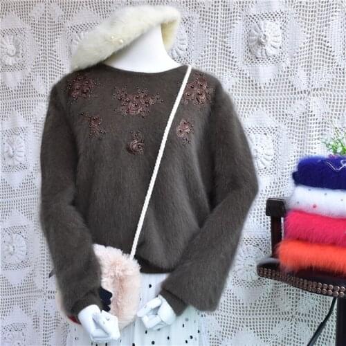 China style fashion women 0-neck vintage long sleeve o-neck emborider angora rabbit fur knitted new year winter warm clothing