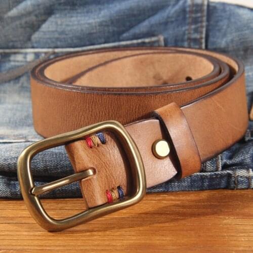Vintage Thick Cowhide Belt Mens Pure Copper Button Top Cowhide All-match Casual Jeans Belt High Quality Retro Luxury Men Belt