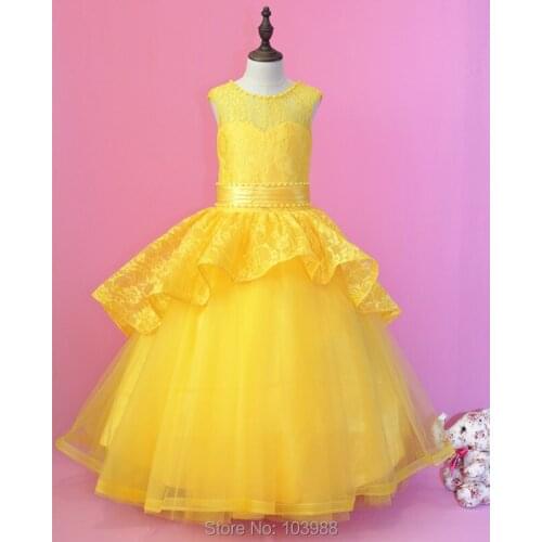 2016 100% real photo free shipping Vintage ball gown Flower Girl Dresses Floor Length yellow Christmas gift birthday dress