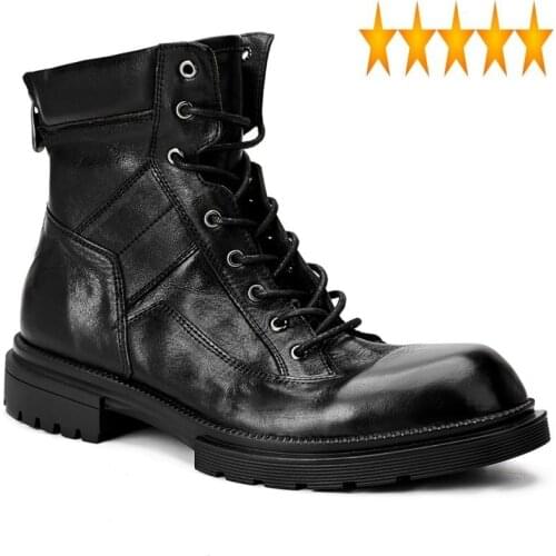 High Gothic Mens Round Toe Top Ankle Thick Platform Motorcycle Biker Safety Shoes Lace Up Genuine Leather Military Boots