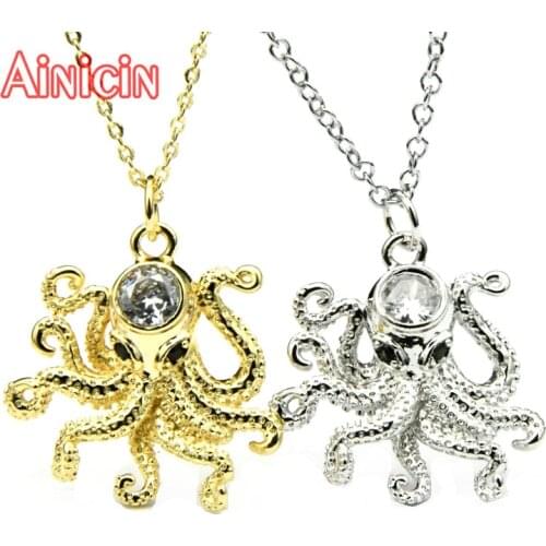 High Quality Colorfast Plating Gold Silver Lifelike Octopus Zricon Stone Setting Pendants Fashion Girls Summer Jewelry Necklace