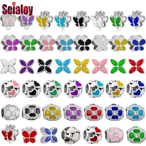 Seialoy 9 Color Fashion Lucky Flowers Beaded Enamel Butterfly Round Heart Beads Fit Brands Bracelets Diy Women Jewelry Making