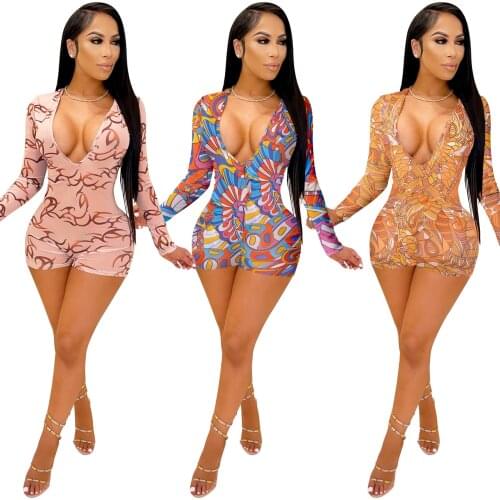 Zoctuo Women Playsuit Romper Spring Fashion Printing Long Sleeve Jumpsuits Sexy Deep V Neck Short Rompers And Jumpsuits Skinny