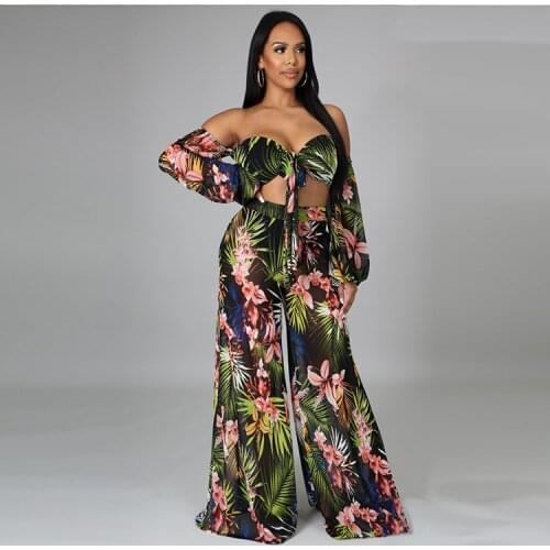 2021 The New Summer Womens Fashion Casual Sexy Print Transparent Mesh Top + Long Pants Two-Piece Set