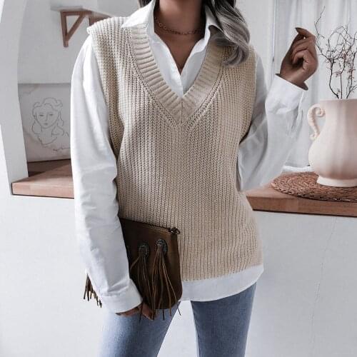 V Neck Sleeveless White Knitted Autumn Winter Women Sweater Vests Casual Loose Outwear Solid Sweater Preppy Style Vests