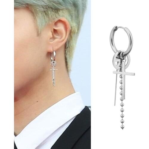 1PC Korean Boys Stainless Steel Drop Earrings Cross Feather Hollow Moon Long Chain Men Women Rock Pendant Dangle Earring Jewelry