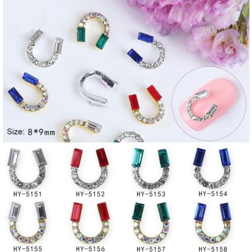 10pcs/lot, U Shapes 3d Nail Art Gold Silver Alloy With AB Sides Crystal Rhinestones Nail Tips Decorations