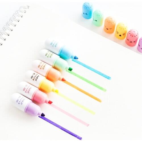 6cs Capsules Mini Highlighter Pens Marker Water Color Pen Kawaii Stationery Fluorescente Pastel Writing Office School Supplies