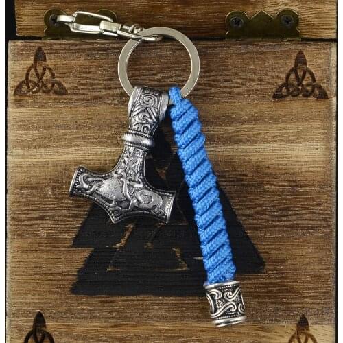 Viking Thor Hammer Mjolnir keychain Norse Scandinavian Amulet God Keyring Blue Paracord Keychain Lanyard for men Jewelry Gift