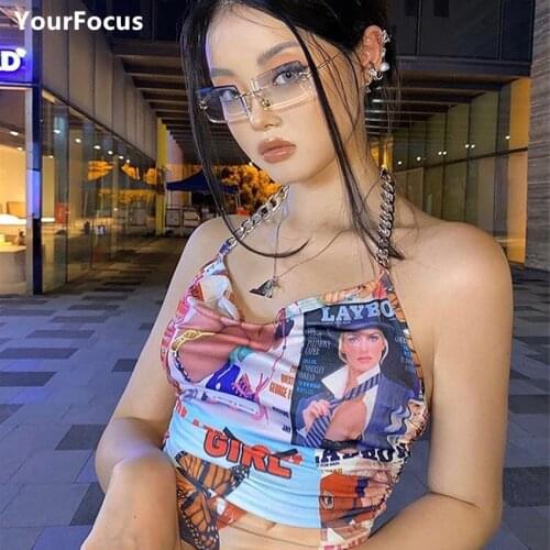Goth Y2K Aesthetics Printing Backless Chain Halter Tops Vintage 2000s Drawstring Bandage Crop Top Streetwear Sexy Summer Tank