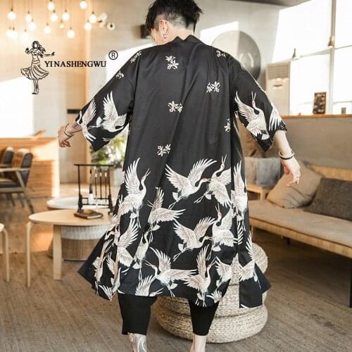 Japanese Kimono Men Fashion Casual Long Section Crane Print Kimonos Yukata Men Kimono Cardigan Men Cosplay Costume Yukata Women