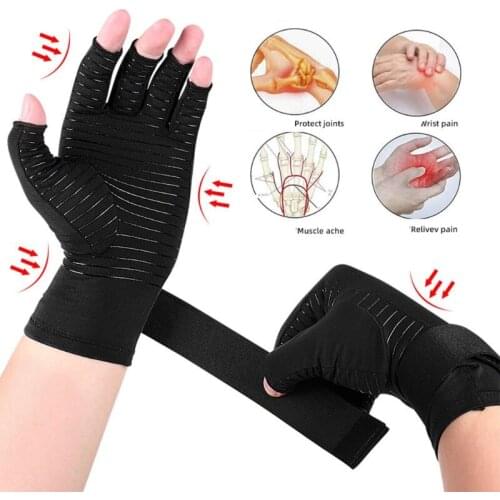 Half Finger Compression Gloves for Arthritis Copper Gloves with Adjustable Strap Joints Fingerless Hands Support
