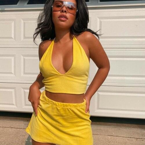 Summer Party 2021 Fashion Yellow Mini Ultra-thin Stretch High Waist Short Skirt Sexy Backless Female Tight-fitting Skirt Crop