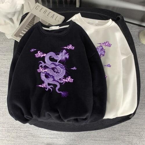 Moda streetwear top feminino Harajuku retro roxo dragão chinês com estampa de gola redonda nova blusa de inverno ampla e casual