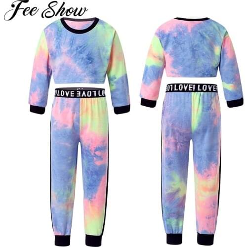 1-6Y Girls Clothes Sets Tie Dye Print Crop Tops T-Shirts+Letter Pants Children Clothing Spring Autumn Kids Clothes Sports Suit