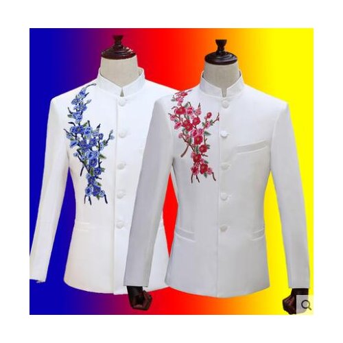 Singer stage embroidery clothing for men groom suit set with pants mens wedding suits formal dress man chinese tunic suit white