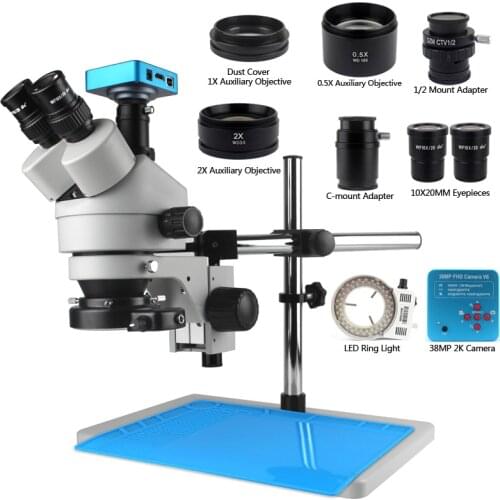 7X-45X Industrial Trinocular Stereo Microscope HDMI Digital Microscope Camera 0.5X-2X Zoom Objective Lens and 56-Bulb LED Light