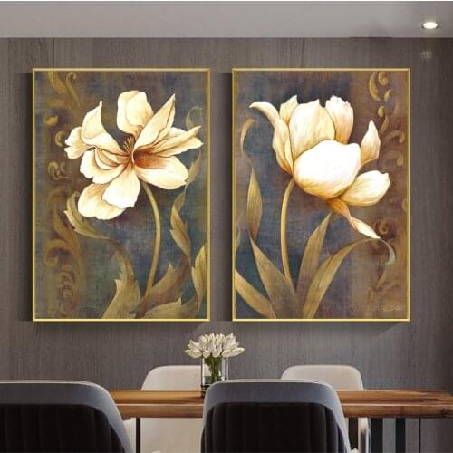 Retro Golden Flower Poster Vintage Canvas Painting Wall Art Pictures For Living Room Home Decoration Plant Posters And Prints