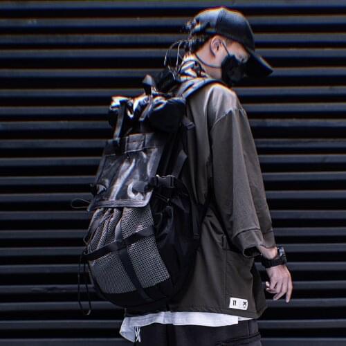 Multi-Pocket Techwear Canvas Harajuku Mesh Backpacks Hip Hop Pack Hat Tactical Men School Bags Travel Casual Package Streetwear