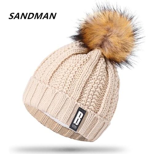 SANDMAN Letter B Beanies Cotton Add Wool Fur Ball Cap Pom Poms Winter Hat For Women Girl 's Hat Knitted Warm Beanies Cap