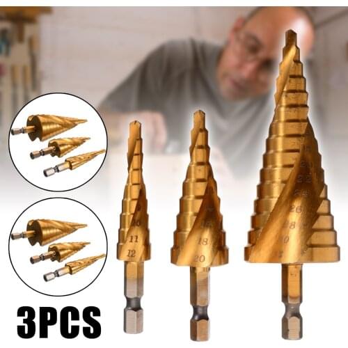 3pcs HSS Hex Shank Spiral Grooved Step Drill Bit 4-12/20/32mm Wood Drill Bit Set Mini Drill Accessories for Metal
