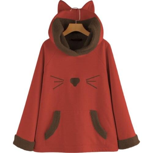 Cute Kangaroo Pocket Hoodies Women Loose Plus Size 5XL Warm Fleece Sweatshirt Sweet Animal Ear Hooded Tracksuit Embroidery 2021