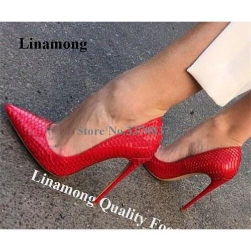 Linamong Women Elegant Pointed Toe Stiletto Heel Sanke Leather Pumps Red Purple Black 8cm 10cm 12cm High Heels Big Size Shoes