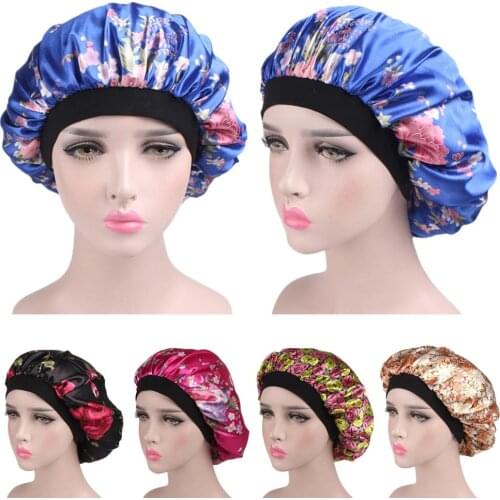 Comfortable Women Fashion Wide Band Satin Bonnet Hair Cap Night Sleep Hat Ladies Turban Sophisticated Royal Flower Sleeping Hat
