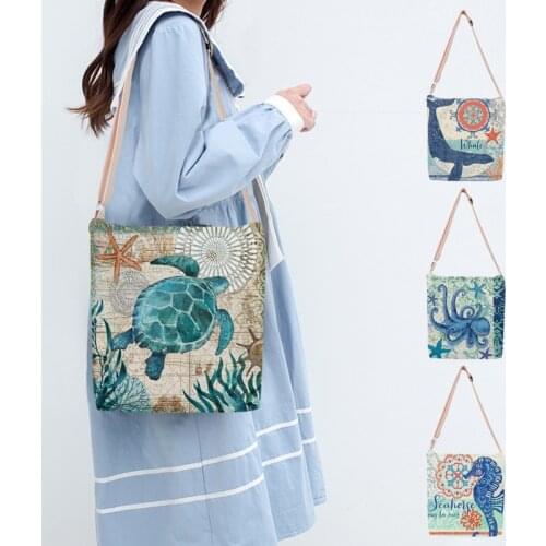 Vinatge Crab Sea Turtle Sea Horse Print Women 2021 Casual Leisure Shoulder Bags Crossbody Messenger Bag Tote Handbag Student