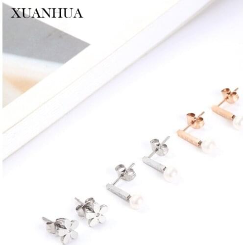 XUANHUA Stainless Steel Jewelry Woman Rose Gold Pearl Stud Earrings Woman Vogue 2019 Jewelry Accessories Bohemian