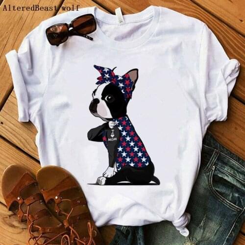 Boston Terrier i love mom T-shirt Women Hararuku Mama T-shirt Vogue American flag Bandana T Shirt graphic 2021 Tshirt Clothes