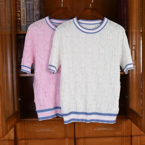 Spring summer 2021 Fashion Womens High quality pearls beading Knitted Short Sleeves T-shirts C218