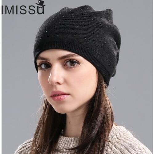 IMISSU Womens Winter Hat Knitted Wool Beanie Female Fashion Skullies with Rhinestones Outdoor Ski Cap Thick Warm Hats for Girls