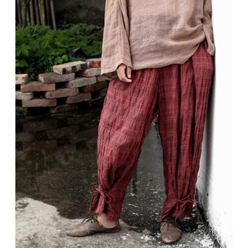 Johnature Women Plaid Straight Pants Vintage Cotton Trouser Elastic Wasit 2021 New Summer Original Loose Women Casual Pants