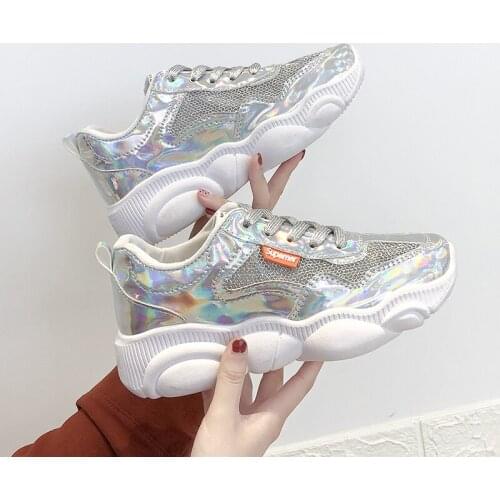 New Fashion Womens Chunky Sneakers Comfortable Laser Shoes Lace Up Platform Female Breathable Mesh Casual Shoe Ladies
