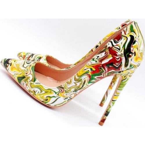 Newest Graffiti Prints Leather Women Stiletto Heels Pointed Toe Patent Leather Women Shoes Pumps Slip-on Patchwork Women Pumps