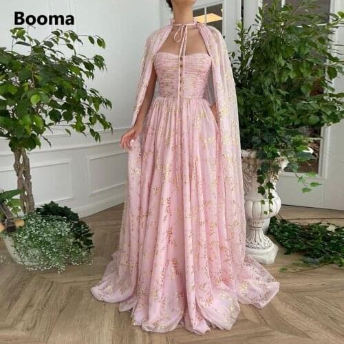 Booma 2021 Baby Pink Chiffon Prom Dresses with Cape Strapless Ruched Printed Gilded Flowers Pockets A-Line Formal Party Dresses