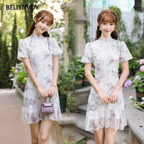2021 Summer Vintage Floral Mini Dress Women One Piece Dress Korean Short Sleeve Elegant Cheongsam Female Casual Design Party