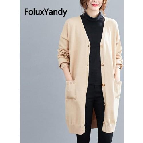 2021 Spring Women Cardigans Long Sweater Plus Size 3 4 5 XL Single Breasted V-neck Sweaters Khaki NQYL209