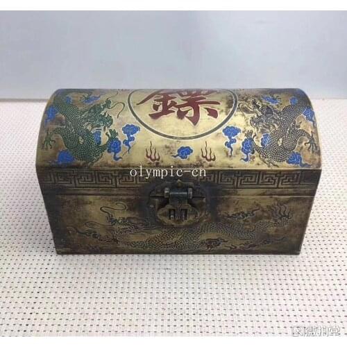 7.5'' old copper carved painting dragon design escort case box boxes jewel box