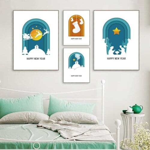 Abstract Christmas Night Sock Deer Tree Stars Santa Claus Silhouettes Canvas Painting Wall Picture Poster Living Room Decoration