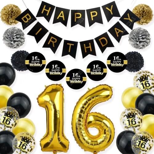 Amawill Cheers 16 Years Old Party Supplies Gold Number 16 Foil Balloon Paper Banner Happy 16th Birthday Party Decoration Kit 7D